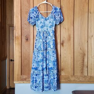 SINCERELY JULES Short Sleeve Boho Peasant Tiered Maxi Dress XS Blue White Floral